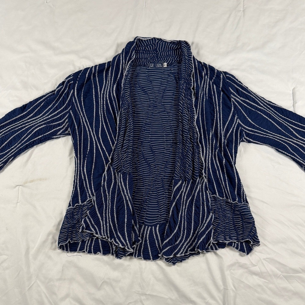 Top Ligne Navy Blue White Striped Popcorn Texture Open Front Cardigan Small